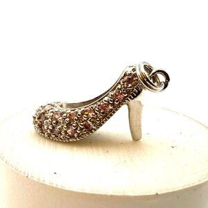 Pavé High Heel Shoe Charm Pendant Pink Stone Silver Tone Fashion